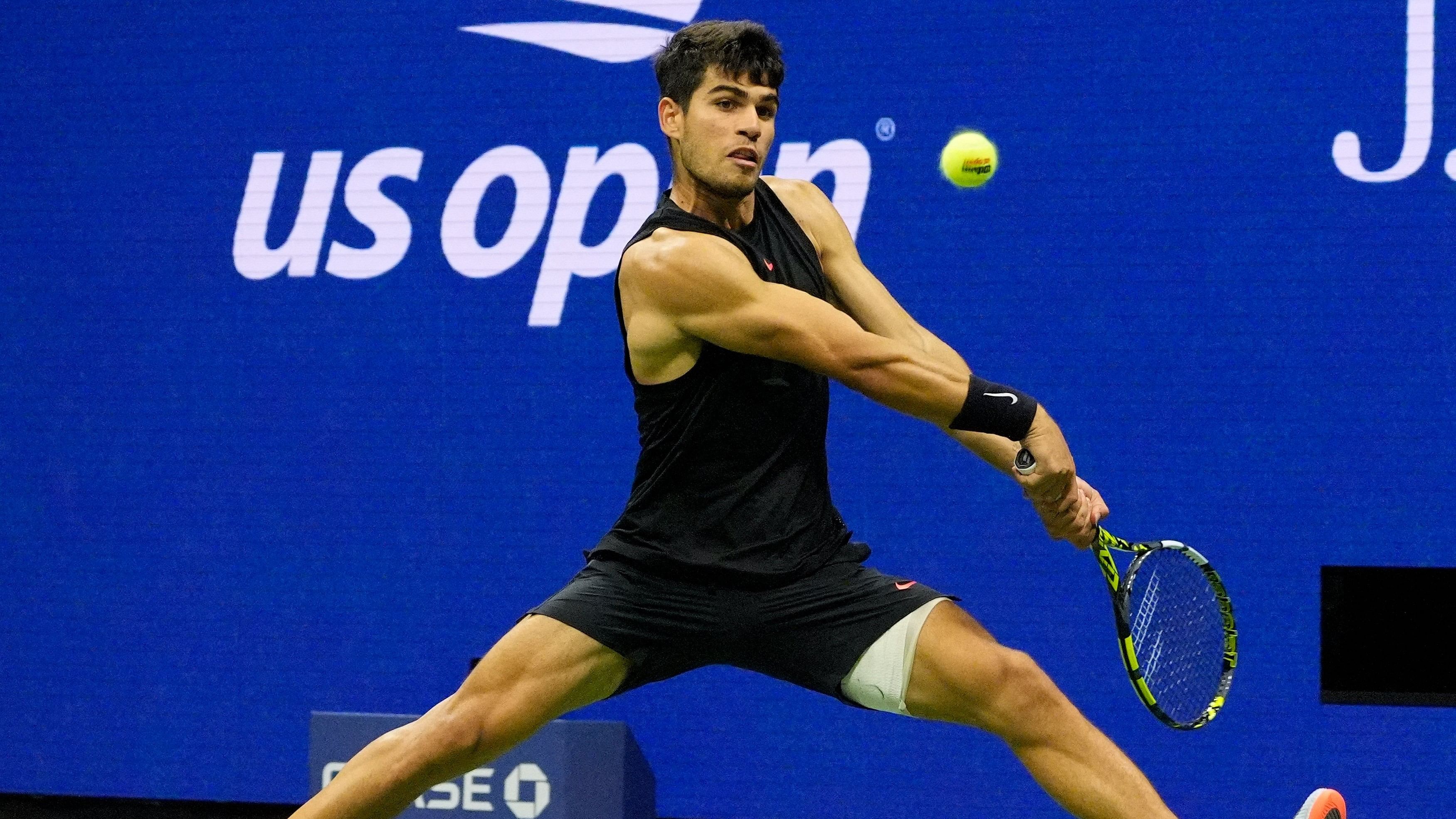 <div class="paragraphs"><p>Carlos Alcaraz of Spain hits to Botic van De Zandschulp of the Netherlands on day four of the 2024 US Open tennis tournament</p></div>